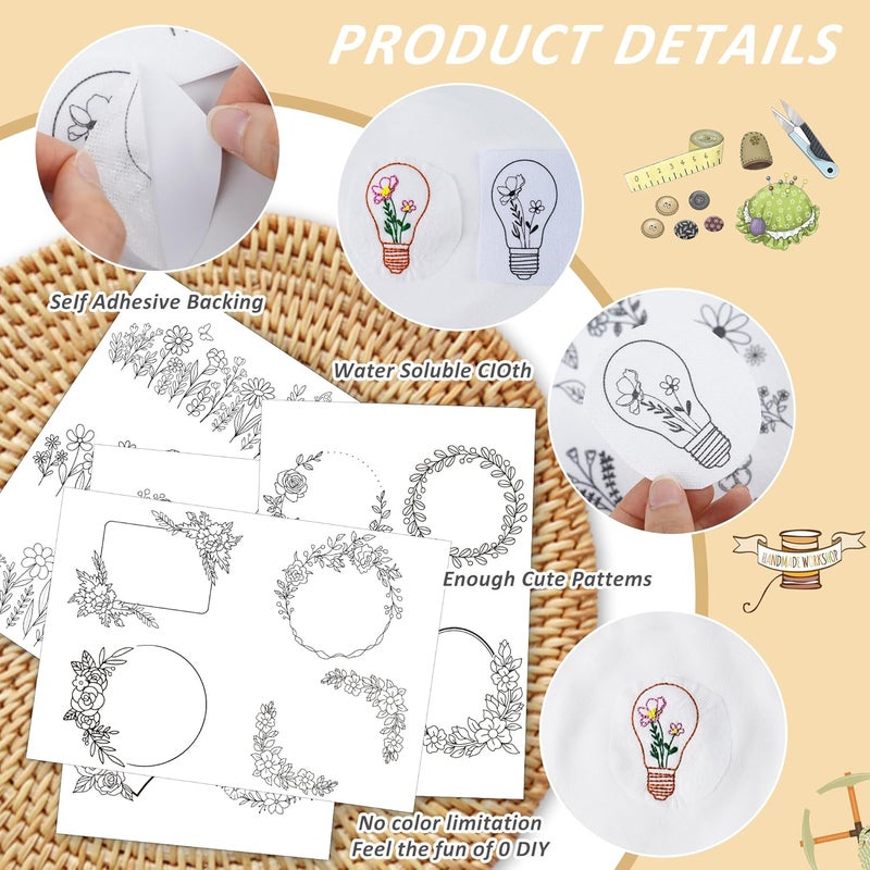 CRASHOT Water Soluble Stabilizer for Embroidery - 4 Sheets Stick and Stitch Embroider Paper Wash Away, Floral Round Heart Square Flower Frame Designs, Suprise for Hand Sewing Lover - Image 4